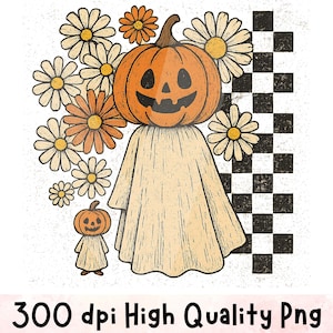 Halloween Fall Ghost Png, Girly Pumpkin Png, Boo Png, Halloween Png, Autumn Vibe Png, Checkered Png, Spooky Season Png, Boho Floral Fall Png