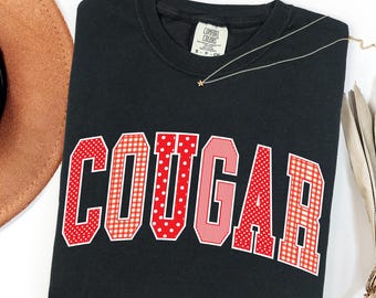 Comfort Colors® Cougars Shirt, Red Cougars School Spirit Shirt, Cougars Mascot Shirt, Gingham Polka Dot Cougars Shirt, Game Day Shirt