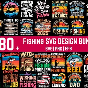May include: A collection of 180+ fishing-themed SVG designs. The designs feature various phrases and graphics related to fishing, including fish, fishing rods, and humorous sayings. The designs are available in SVG, PNG, and EPS formats.