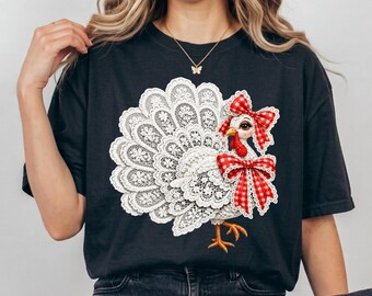 Comfort Colors®  Lace Turkey shirt, Thanksgiving Vintage Cottagecore Red Gingham Bow Coquette Fall Trendy Autumn shirt, Vintage shirt