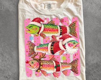 Comfort Colors® Christmas Movie Fishing shirt, Santa Fish Christmas shirt, Preppy Holiday Fish shirt, Pink Christmas Shirt, Christmas shirt
