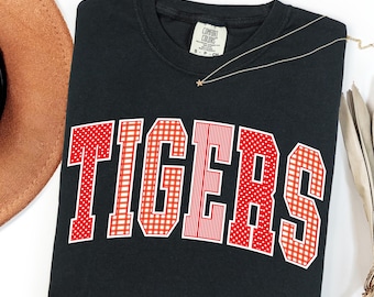 Comfort Colors® Tigers Shirt, Red School Spirit Shirt, Tigers Mascot Shirt, Gingham Polka Dot Tigers Shirt, Game Day Team Shirt, Sport Shirt