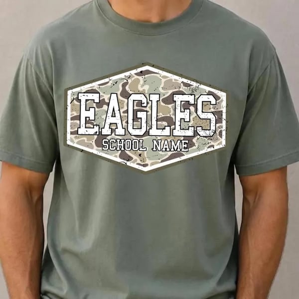 Custom Mascot Camo Shirt, School Spirit tshirt, Camo Varsity Letters, First Day Of School, Old School Camo shirt, Camo Back To School shirt