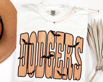 Comfort Colors® Dodgers  Halloween T-Shirt, Orange Gingham Dodgers Shirt, Halloween Bats Dodgers Shirt, Spooky School Spirit Shirt, Game Day