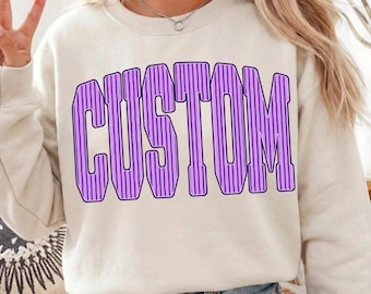 Custom Name Shirt, Personalized Purple Seersucker Stripe Name Shirt, Name Varsity Letter, Custom Mascot Stripe Shirt, Team Spirit Shirt