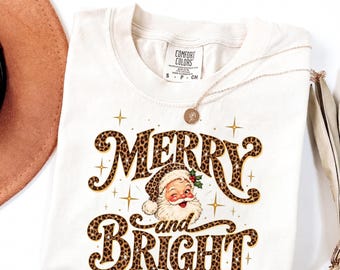 Comfort Colors® Leopard Christmas Santa shirt, Merry and Bright Sparkling Retro Holiday shirt, Christmas shirt, Retro shirt, Santa shirt
