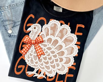 Comfort Colors® Lace Turkey Gobble shirt, Vintage Thanksgiving Cottagecore Fall Trendy Autumn shirt, Thanksgiving shirt, Trendy shirt