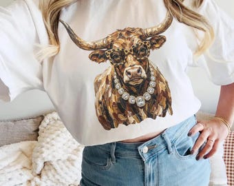 Western Glam Longhorn Shirt,| Everyday Shirt, Western Shirt|, Rhinestone Cowgirl Shirt, School Spirit Shirt, Longhorns Mascot Shirt
