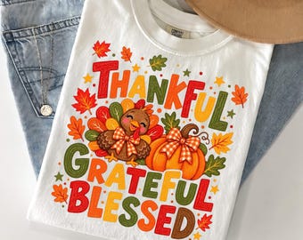 Comfort Colors® Hand Drawn Thankful Grateful Blessed shirt, Turkey Pumpkin Thanksgiving Trendy Autumn shirt, Thankful shirt, Trendy shirt