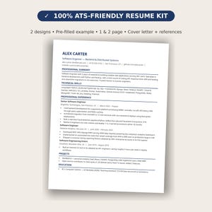 May include: A digital resume template kit featuring a white document with black text titled 100% ATS-FRIENDLY RESUME KIT. The resume includes sections for professional summary, technical skills, experience, projects, and education for Alex Carter.