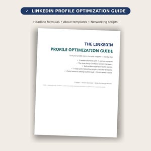 Op de afbeelding: Een digitale gids getiteld THE LINKEDIN PROFILE OPTIMIZATION GUIDE. De omslag bevat de tekst: Turn your profile into a recruiter magnet, 5 headline formulas, The Hook-Story-CTA framework, experience-bullet rewrites en networking scripts.