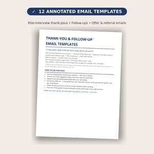 Peut inclure: Un document numérique intitulé 12 ANNOTATED EMAIL TEMPLATES présentant du texte pour des e-mails de remerciement après entretien, de suivi, d'offre et de recommandation. La page inclut des instructions sur l'utilisation du pack et des modèles.