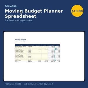 Könnte beinhalten: Eine digitale Umzugsbudget-Planungstabelle für Excel und Google Sheets mit dem Titel AIByAsa. Das Dokument enthält eine Tabelle mit Spalten für Kategorie, geschätzte, tatsächliche, bezahlte, verbleibende Kosten und den Prozentsatz.