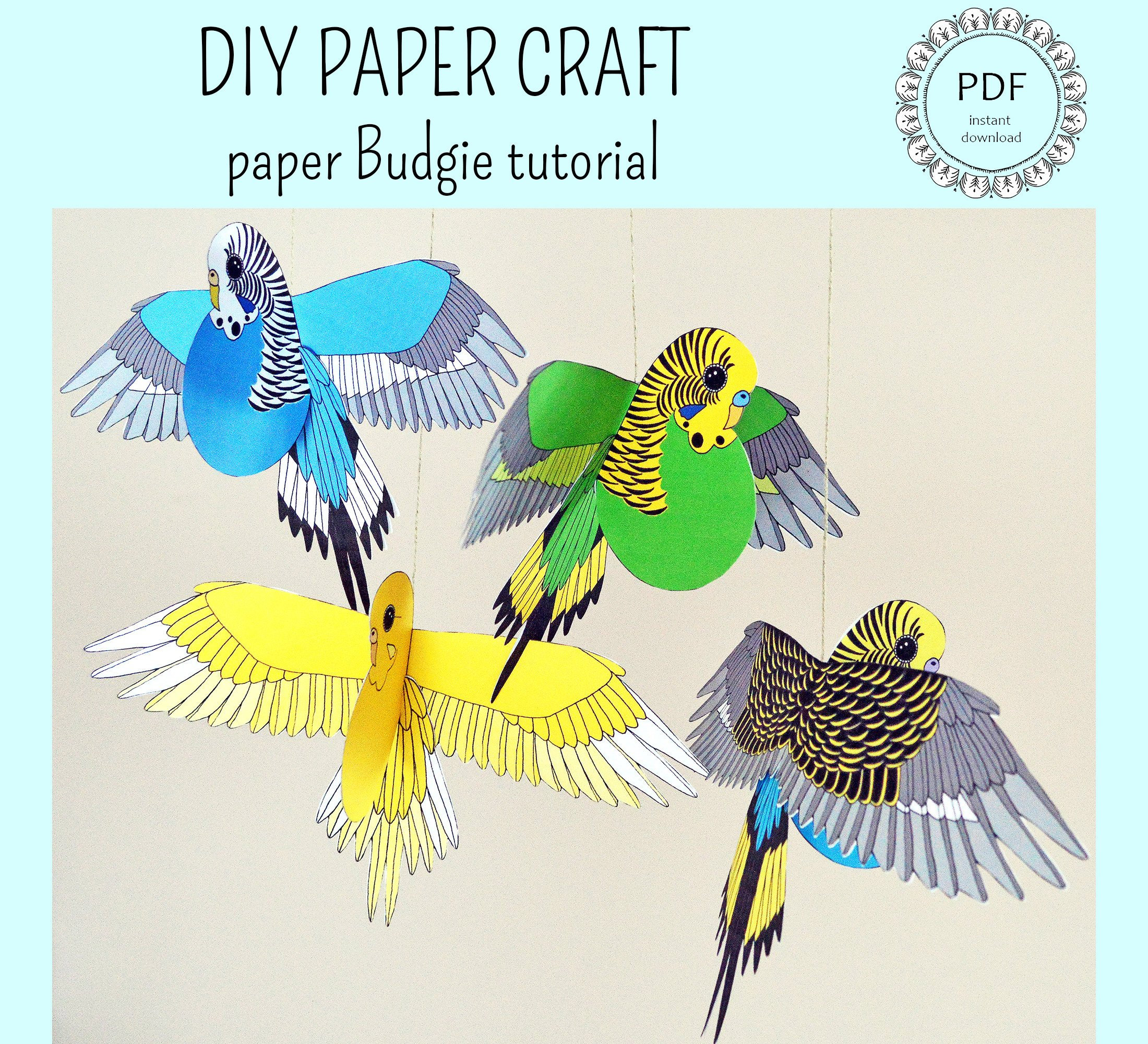 DIY Paper Budgerigar Craft, instant download PDF file / 'Make It Yourself' bird flock ornaments for home or party decoration and crafty mood