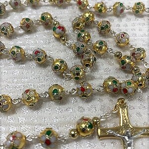 Handmade rosary 8 mm gold cloisonne beads gold/silver crucifix First Communion Baptism Christmas Wedding Confirmation