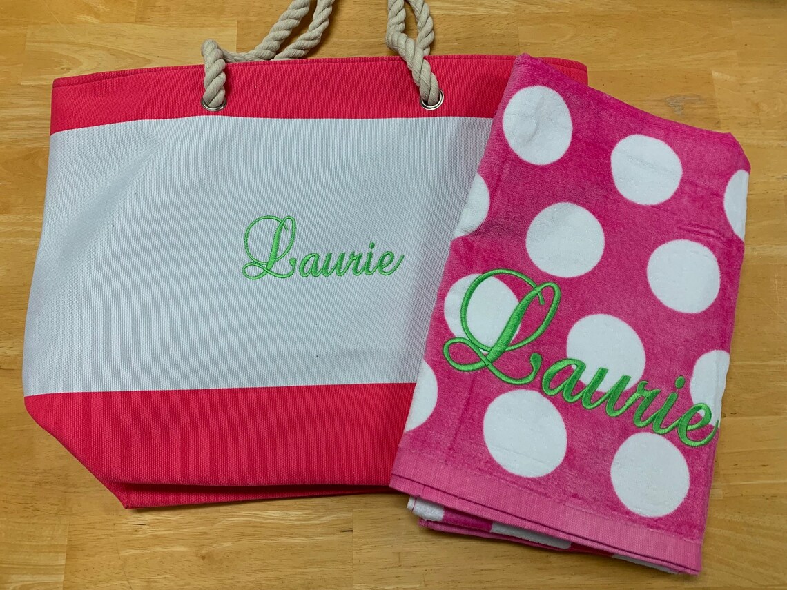 Personalized beach bag towel set yellow tote rope handle polka Etsy