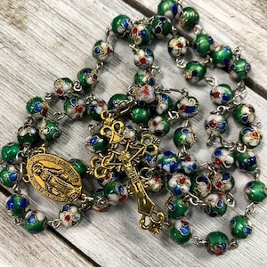 Handmade rosary 8 mm green cloisonne beads silver wire gold color crucifix  medal First Communion Baptism Christmas Wedding Confirmation