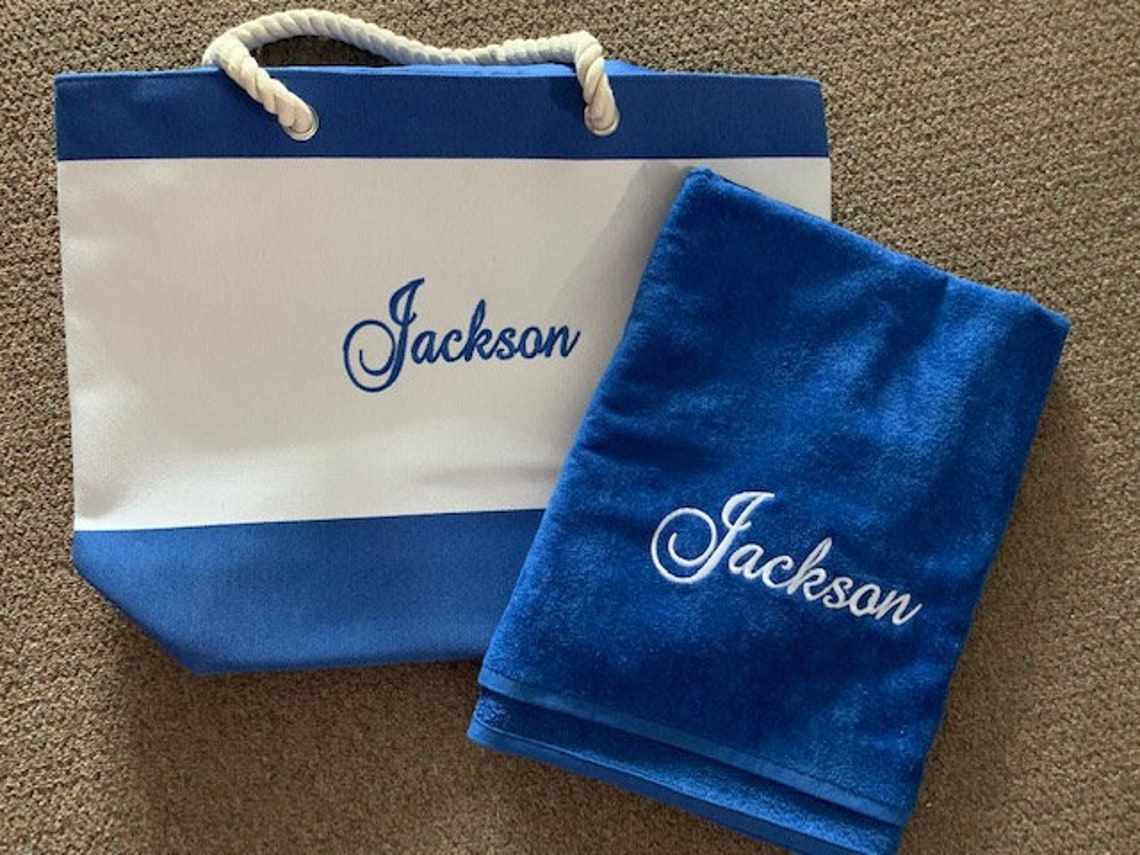 Personalized Beach Bag Towel Set Rope Handle Zipper Top Etsy