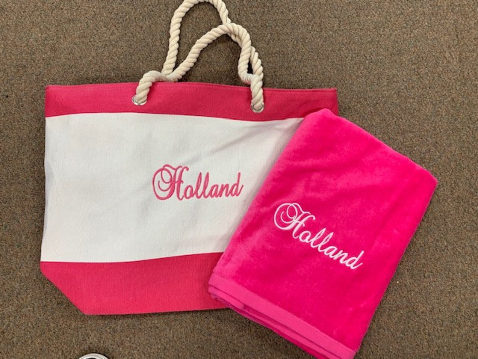 Personalized beach bag towel set yellow tote rope handle polka Etsy