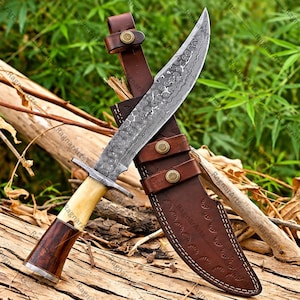 Damascus Bowie knife Great Gift for Him for Hunting Camping Fishing trimming bushes training utility comes with leather sheath