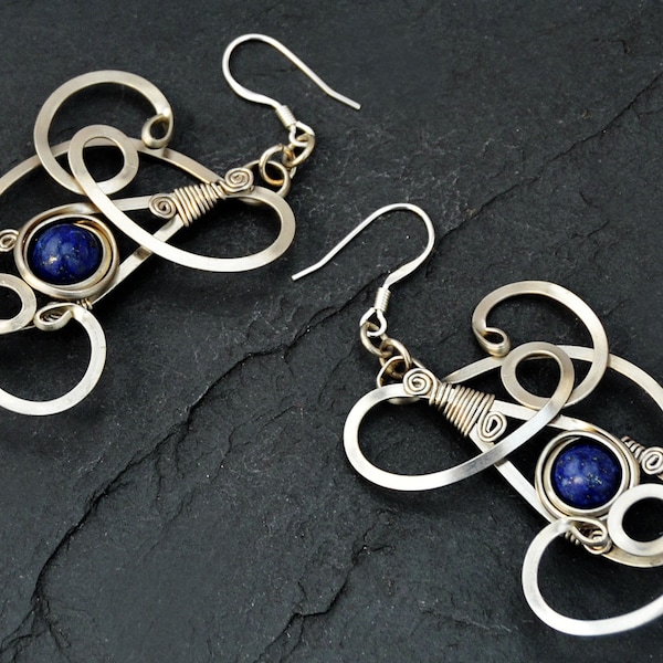 Blue Dangle Earrings, Wire Wrap Earrings, Lapis Lazuli Earrings, Navy Earrings, Silver Boho Earrings, Art Nouveau Earrings, Vintage Style