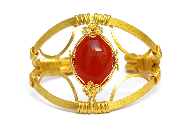 Statement Wide Bracelet Gold Cuff Bracelet with Red Carnelian Stone Wire Wrap Bracelet Elegant Bracelet for Woman