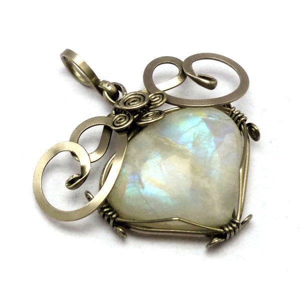 Wire Wrap Romantic Pendant Rainbow Moonstone