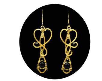 Brass Earrings, Black Earrings, Dangle Earrings, Wire Wrap Earrings, Gold Earrings, Long Earrings, Vintage Earrings, Elegant Earrings