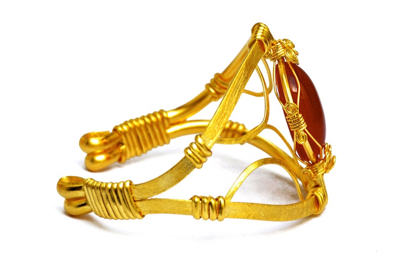 Statement Wide Bracelet Gold Cuff Bracelet with Red Carnelian Stone Wire Wrap Bracelet Elegant Bracelet for Woman