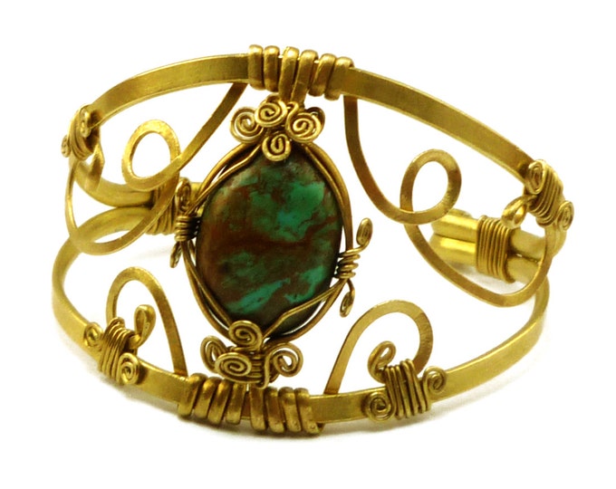 Brass Wire Wrap Bracelet With Vintage Turquoise Stone Etsy