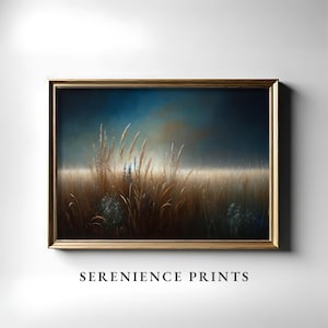 Serene Meadow At Midnight Landscape Painting, Wildflowers Field Wall Art, Vintage Landscape Art Print, Printable, Digital Download