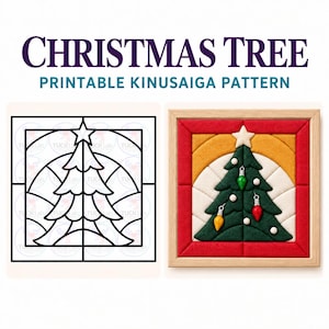 Peut inclure: Un modèle kinusaiga imprimable de sapin de Noël avec un dessin au trait noir et blanc à gauche et un artisanat en tissu fini à droite. L'œuvre finie montre un sapin vert avec une étoile, des ornements et une bordure rouge dans un cadre.