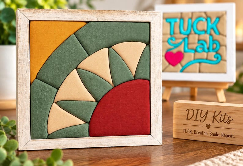 Puede incluir: Un marco de madera cuadrado que contiene un rompecabezas de tela geom&eacute;trico con segmentos en amarillo mostaza, verde oliva, crema y rojo oscuro. Al lado, un peque&ntilde;o bloque de madera grabado con el texto DIY Kits, TUCK. Breathe. Smile. Repeat.