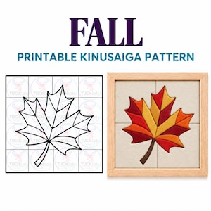 Peut inclure: Un modèle Kinusaiga imprimable intitulé FALL présentant un dessin au trait noir et blanc d'une feuille d'érable sur une grille à côté d'un projet artisanal encadré montrant une feuille d'érable en tissu aux tons rouge, orange et jaune.
