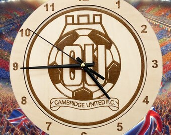 Cambridge United, Club Crest, Clock, Badge, of Cambridge United, engraved time piece, Office Art, Basement Wall Art, Games Room Wall Art