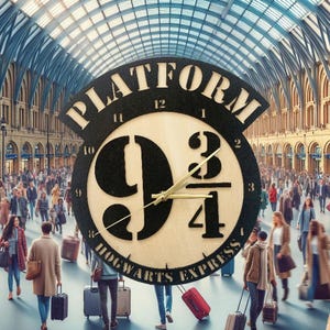 May include: A black and gold wooden clock with the words "Platform 9 3/4 Hogwarts Express" and a clock face with Roman numerals. The clock is in a train station with many people walking around.