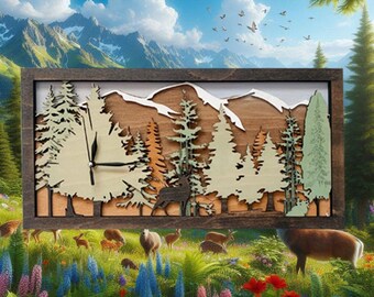 Unique Wooded mountain range, wall clock, ideal for the lounge, bedroom, office, or home decor.