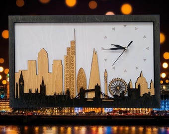 Unique London Skyline, engraved and layered, wall clock, ideal for the lounge, bedroom, office, or home decor.