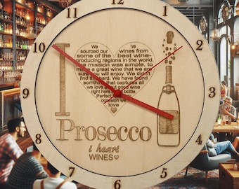 Unique, Prosecco Wine, wall clock, ideal for the lounge, bedroom, office, or home decor.