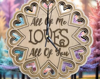 Decorative layered and engraved clock, meaningful quote with love hearts, simple, minimalist dial and silent movement,