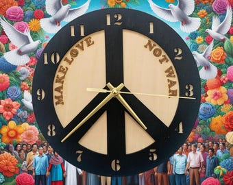 Unique Peace symbol wall clock, ideal for the lounge, Kitchen, bedroom, office, or home decor.