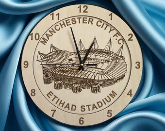 Etihad Stadium Clock - Home of Manchester City F.C., engraved timepiece, Office Wall Art, Basement Wall Art, Games Room Wall Art