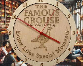 Unique, Famous Grouse, whiskey, wall clock, ideal for the lounge, bedroom, office, or home decor.