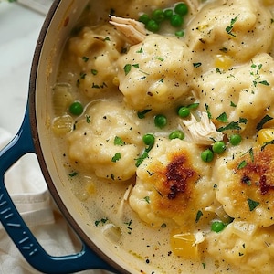 May include: A white ceramic pot filled with a creamy chicken and dumplings dish. The dish is topped with peas and parsley.