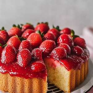 May include: A round cake topped with a layer of red strawberry glaze and fresh strawberries. The cake is on a black wire rack and a white paper liner.