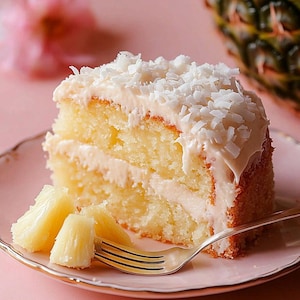 May include: A slice of white cake frosted with white frosting and topped with shredded coconut. The cake is on a pink plate with a fork and a piece of pineapple.