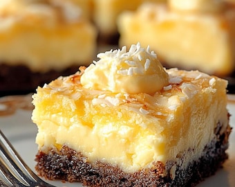 Può includere: Un primo piano di una fetta quadrata di cheesecake con una crosta di cioccolato e una glassa di cioccolato bianco. La cheesecake è guarnita con cocco grattugiato.