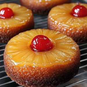 Può includere: Quattro torte rovesciate all'ananas con una ciliegia in cima, appoggiate su una griglia.