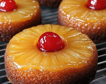 Könnte beinhalten: Vier Ananas-Kuchen mit einem Kirsch auf der Oberseite, die auf einem Gitterrost stehen.