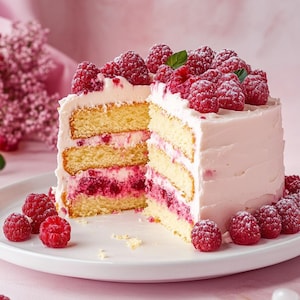 May include: A three-tier cake with pink icing and raspberries. The cake is cut in half, revealing a layer of raspberry filling.